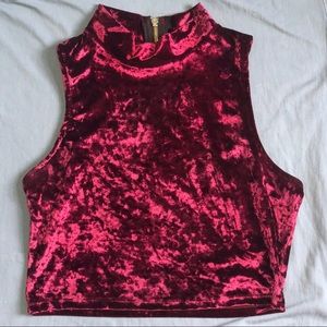 Maroon Crushed Velvet Crop Tank Top with Zipper